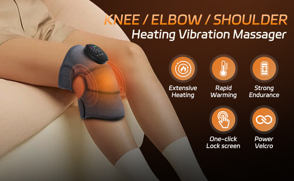 Knee Massager with Heat and Vibration, Cordless Heating Pad for Knee, 3-in-1 Massager for Knee Shoulder Elbow, Portable Washable Heated Knee Brace for Arthritis, with 2 Extension Straps