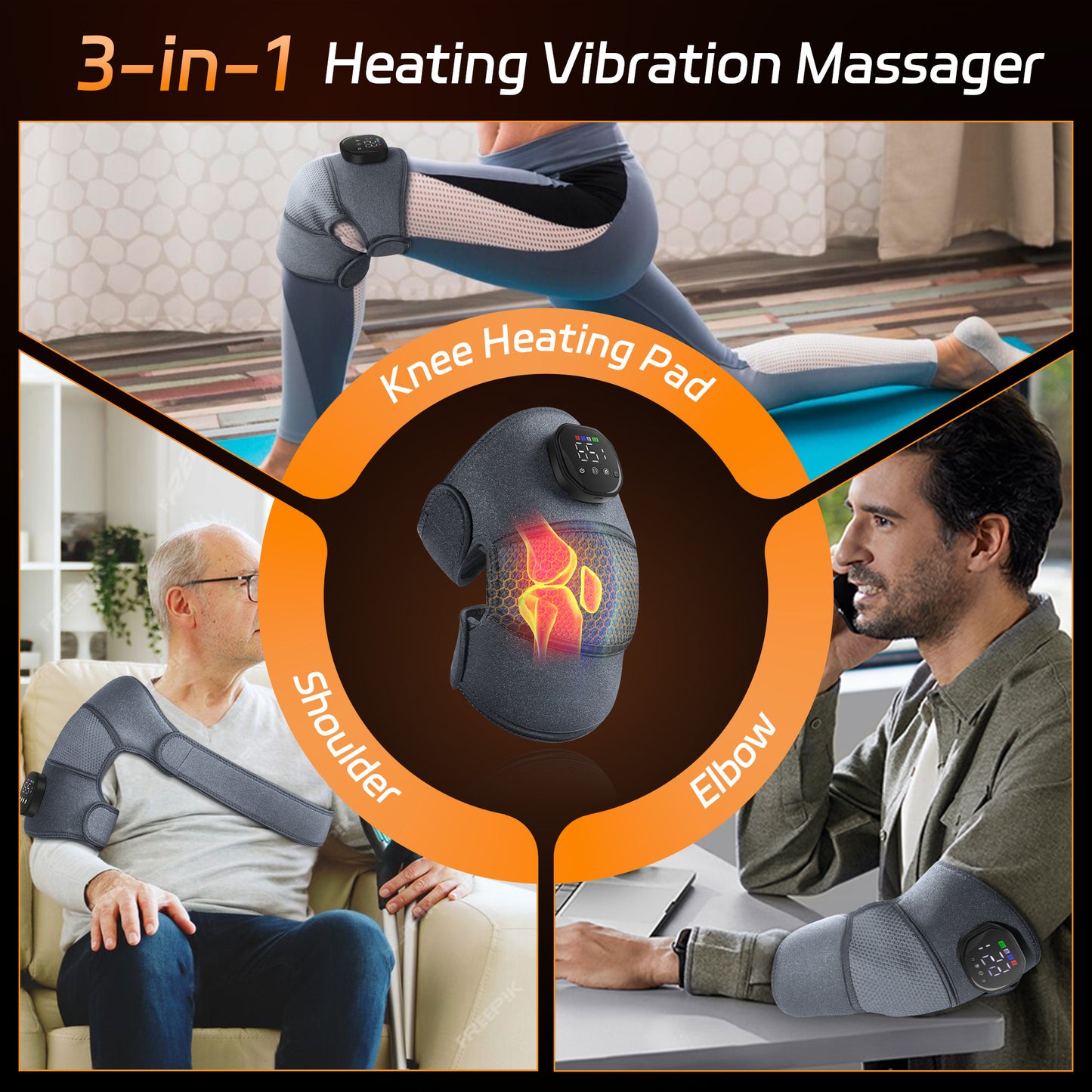 Knee Massager with Heat and Vibration, Cordless Heating Pad for Knee, 3-in-1 Massager for Knee Shoulder Elbow, Portable Washable Heated Knee Brace for Arthritis, with 2 Extension Straps