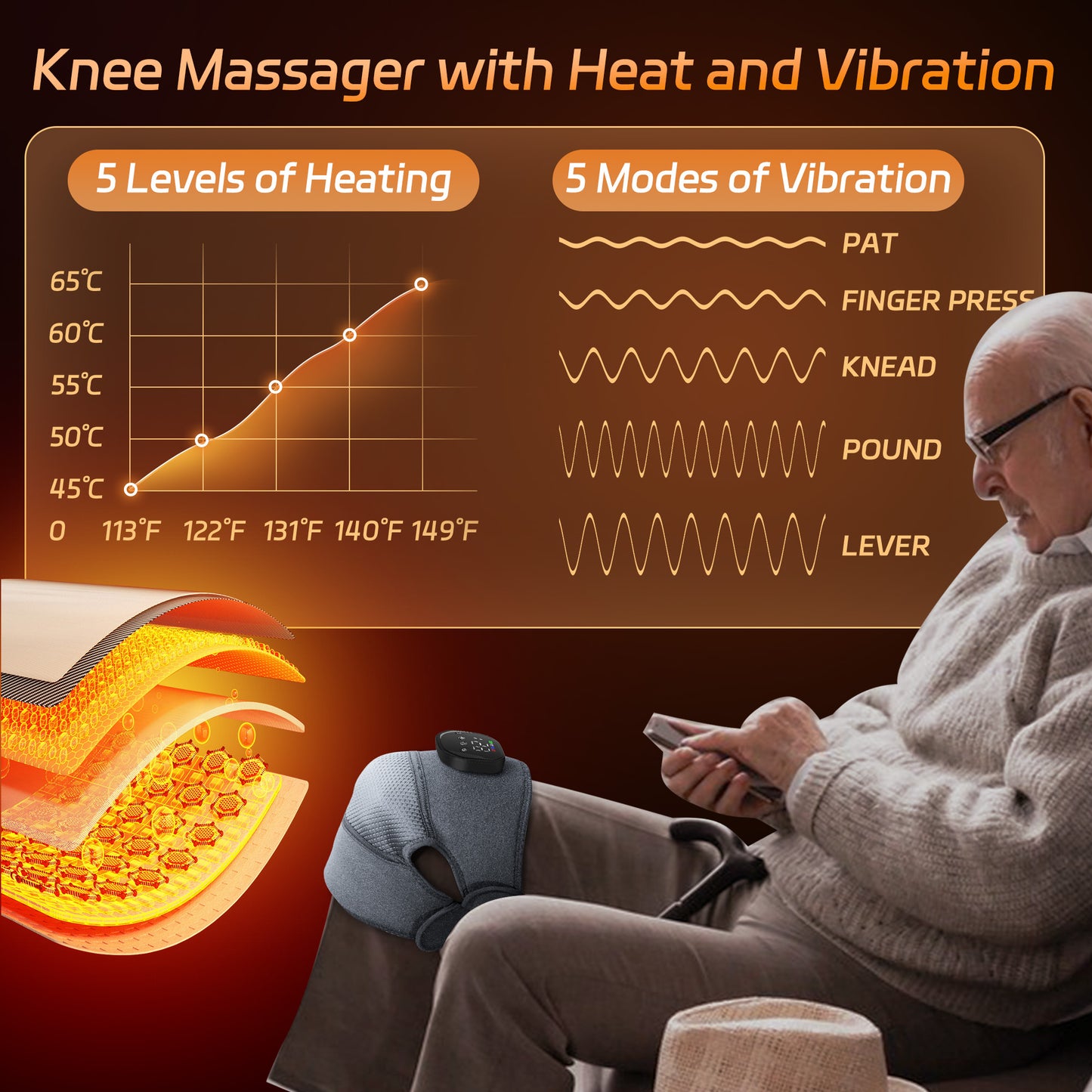 Knee Massager with Heat and Vibration, Cordless Heating Pad for Knee, 3-in-1 Massager for Knee Shoulder Elbow, Portable Washable Heated Knee Brace for Arthritis, with 2 Extension Straps