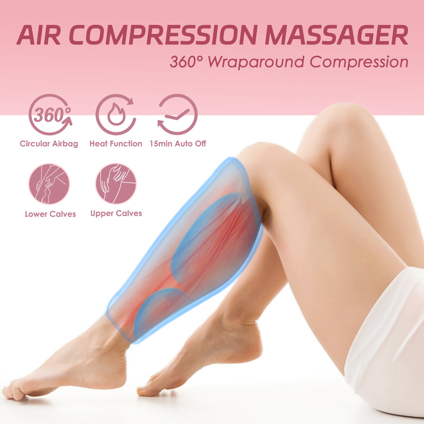 Air Compression Leg Massager, Cordless Calf Massager with Heat, Air Compression Leg Massage for Circulation and Pain Relief, Gifts for Dad Mom Men Women, Pink (Single)